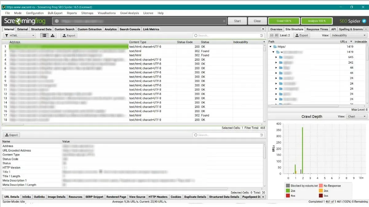 Сканирование структуры сайта в Screaming Frog SEO Spider