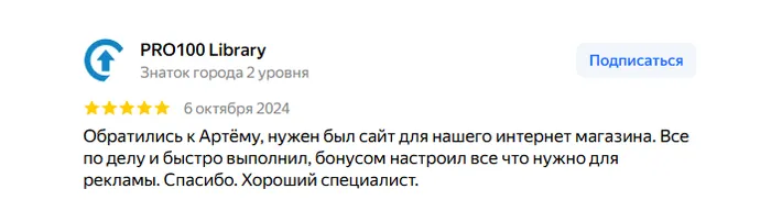 Отзыв PRO100 Library: Обратились к Артёму, нужен был сайт для нашего интернет магазина. Все по делу и быстро выполнил, бонусом настроил все что нужно для рекламы.